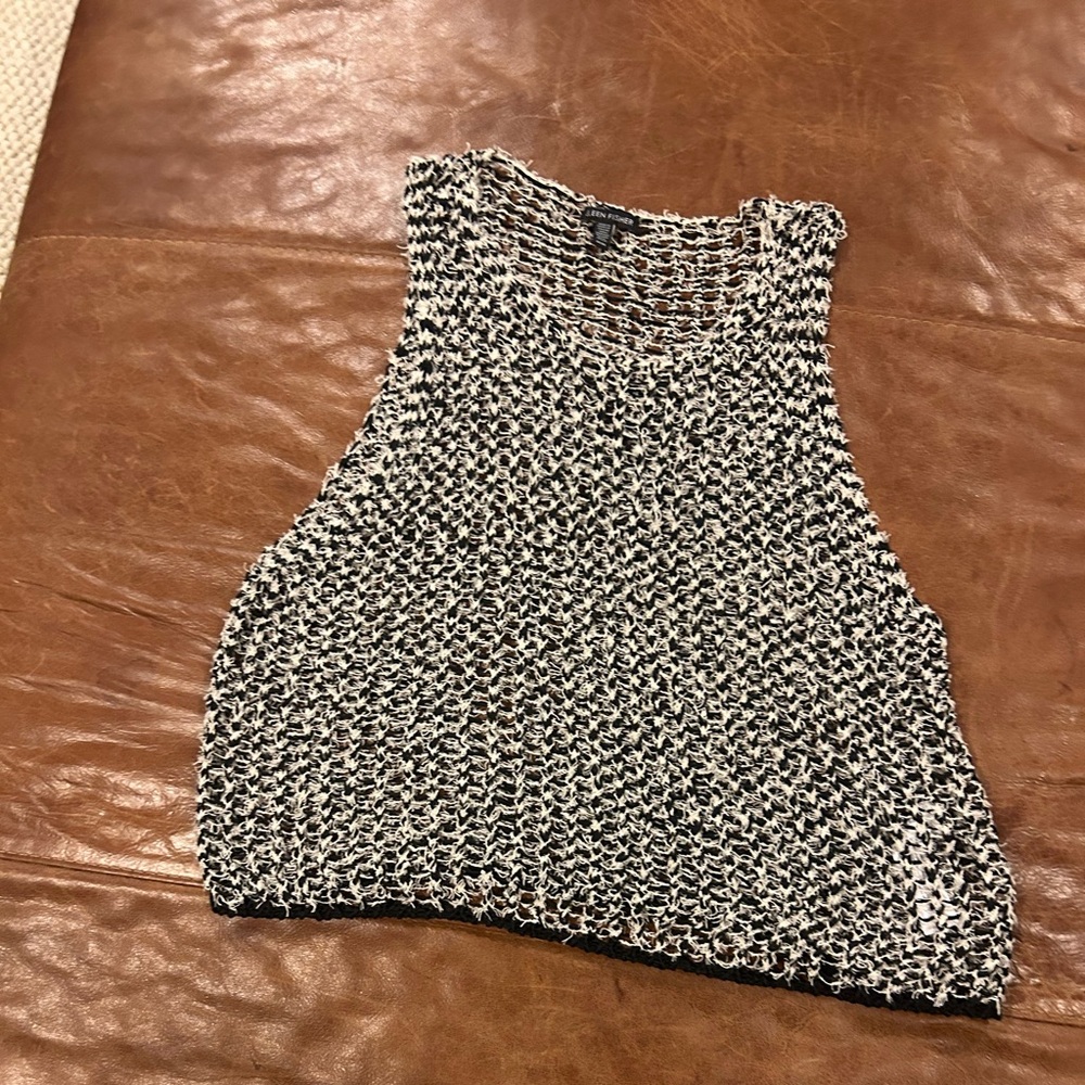 EILEEN FISHER Loose Knit Tank Top Black White Italian Yarn Cotton. Size M
